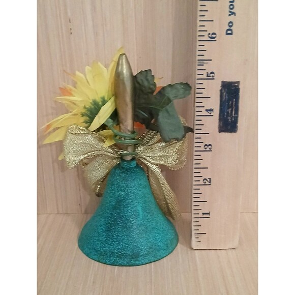 Rustic Metal Blue Ringing Bell with Sunflower Gold Bow Country Farmhouse Decor - Picture 11 of 11
